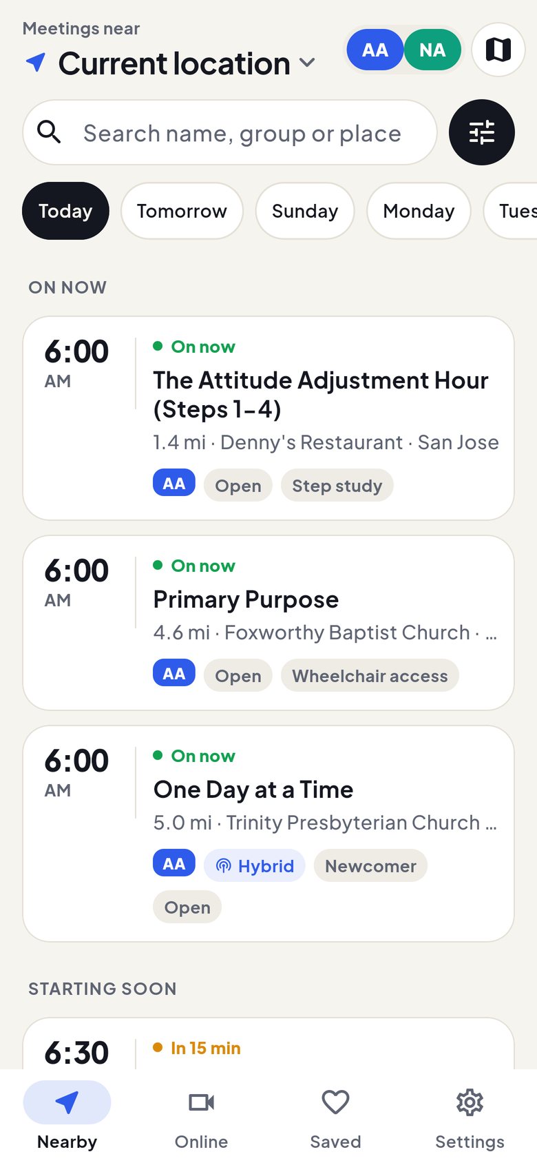 The Nearby list in Meeting Finder, showing meetings starting soon