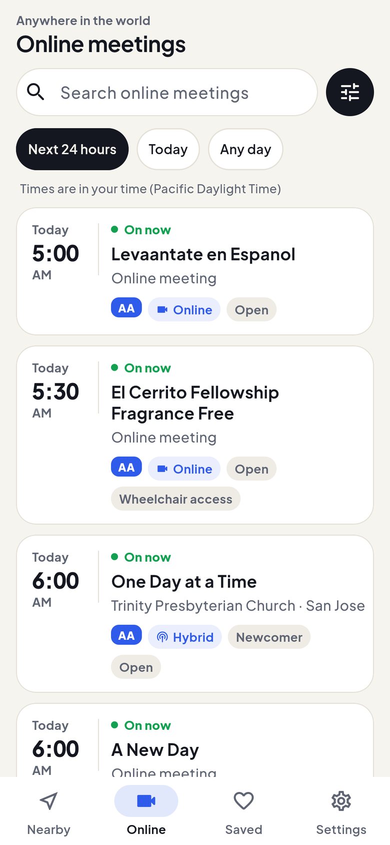 Online meetings in Meeting Finder, soonest first